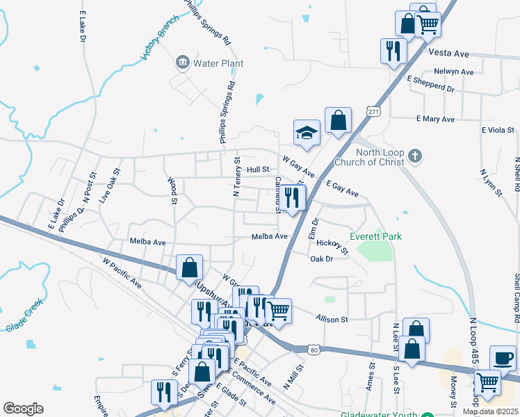 map of restaurants, bars, coffee shops, grocery stores, and more near 210 West Maple Avenue in Gladewater