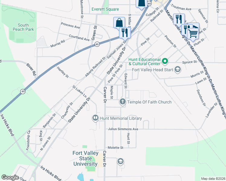 map of restaurants, bars, coffee shops, grocery stores, and more near 1009 Maple Street in Fort Valley