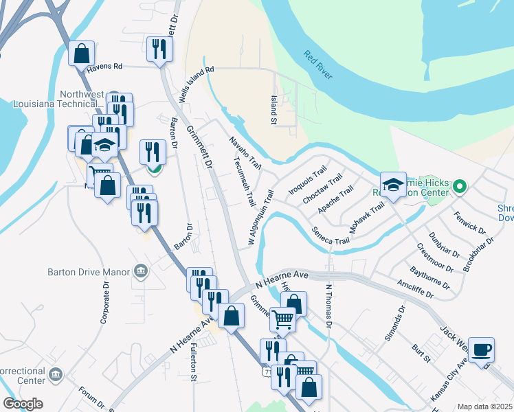 map of restaurants, bars, coffee shops, grocery stores, and more near 706 Tecumseh Trail in Shreveport