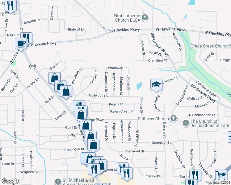 map of restaurants, bars, coffee shops, grocery stores, and more near 3002 Keystone Street in Longview