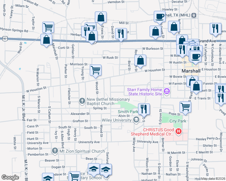 map of restaurants, bars, coffee shops, grocery stores, and more near 1205 Elm Street in Marshall