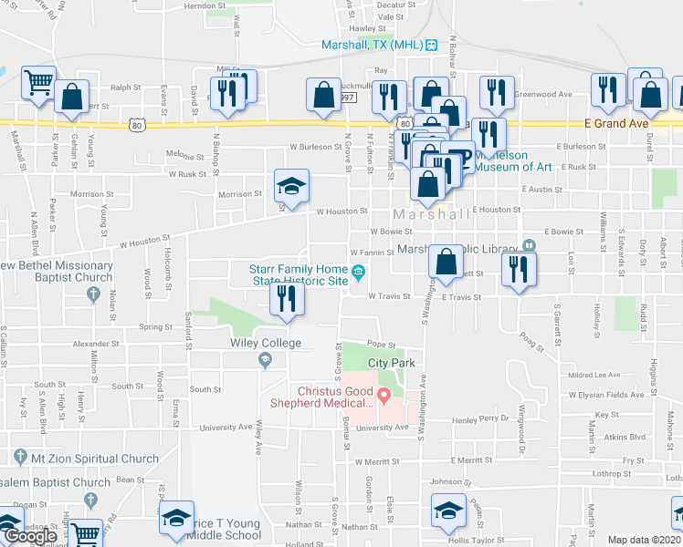 map of restaurants, bars, coffee shops, grocery stores, and more near 403 South Grove Street in Marshall