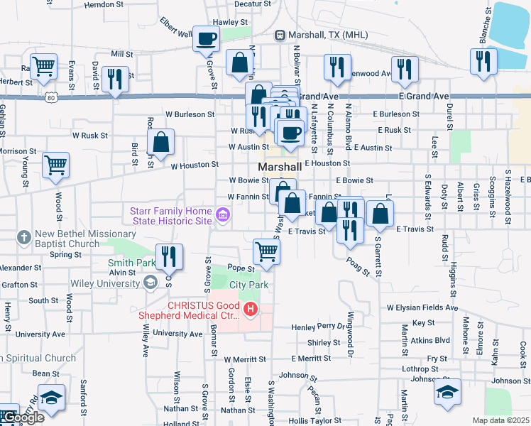 map of restaurants, bars, coffee shops, grocery stores, and more near 198 W Crockett St in Marshall