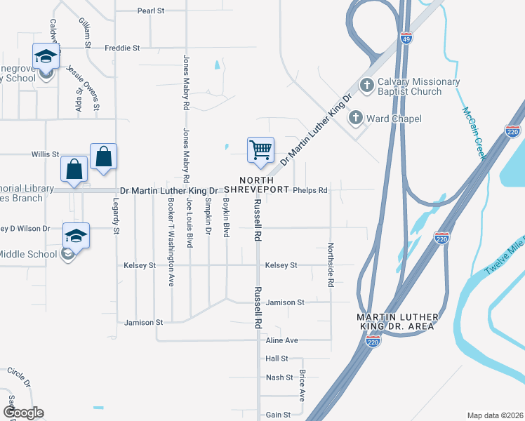 map of restaurants, bars, coffee shops, grocery stores, and more near 1937 Russell Road in Shreveport
