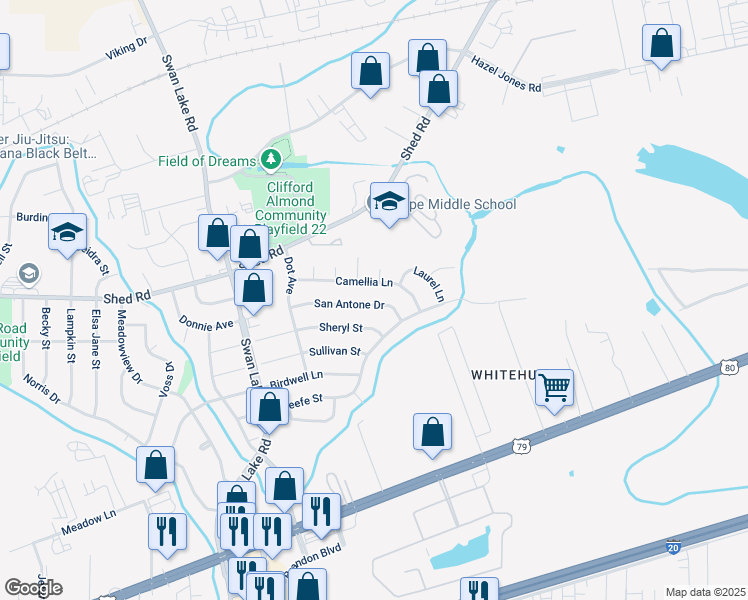 map of restaurants, bars, coffee shops, grocery stores, and more near 4835 San Antone Drive in Bossier City