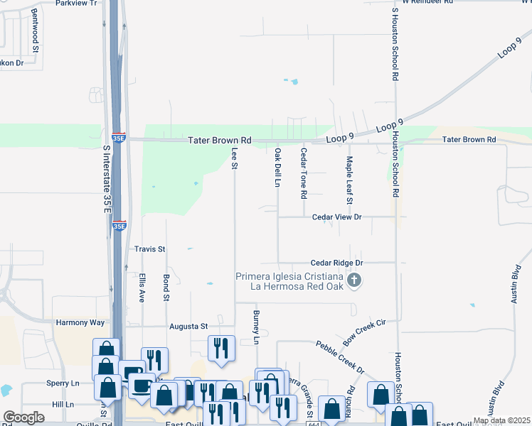 map of restaurants, bars, coffee shops, grocery stores, and more near 503 Oak Dell Lane in Red Oak