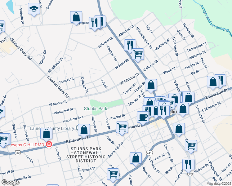 map of restaurants, bars, coffee shops, grocery stores, and more near 604 North Church Street in Dublin