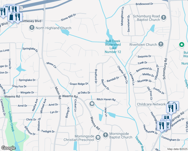 map of restaurants, bars, coffee shops, grocery stores, and more near 6641 Bradford Drive in Columbus