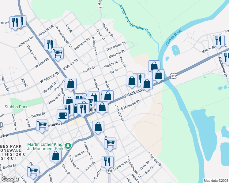 map of restaurants, bars, coffee shops, grocery stores, and more near 406 East Gaines Street in Dublin