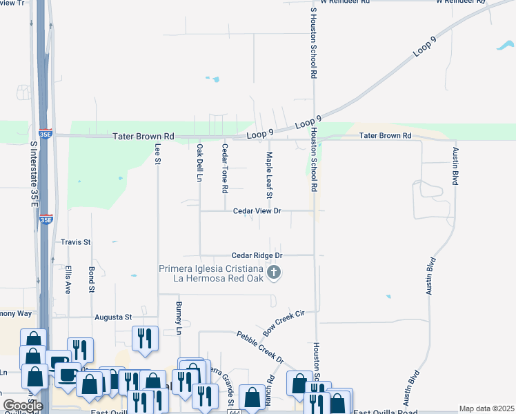 map of restaurants, bars, coffee shops, grocery stores, and more near 501 Maple Leaf Street in Red Oak