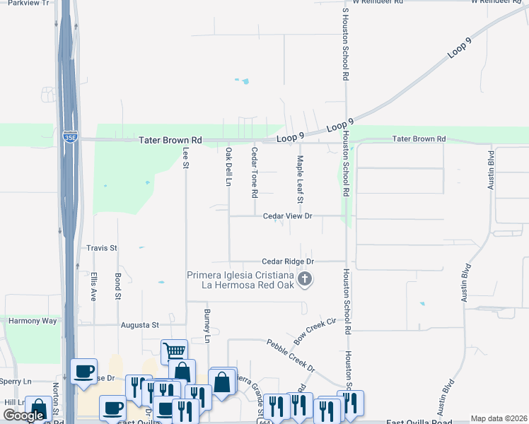 map of restaurants, bars, coffee shops, grocery stores, and more near 520 Cedar View Drive in Red Oak