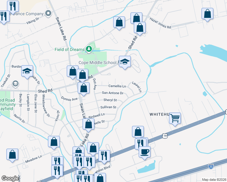 map of restaurants, bars, coffee shops, grocery stores, and more near 4825 San Antone Drive in Bossier City
