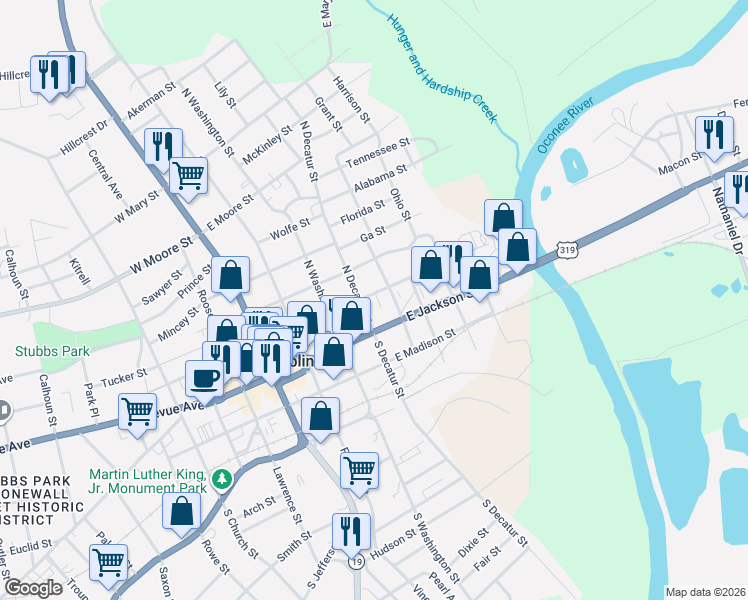 map of restaurants, bars, coffee shops, grocery stores, and more near 406 East Gaines Street in Dublin