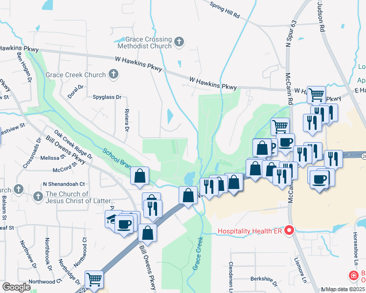 map of restaurants, bars, coffee shops, grocery stores, and more near Masters Way in Longview