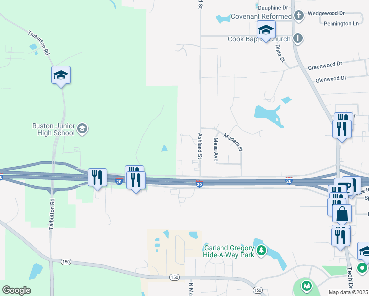 map of restaurants, bars, coffee shops, grocery stores, and more near 2509 Hillside Drive in Ruston
