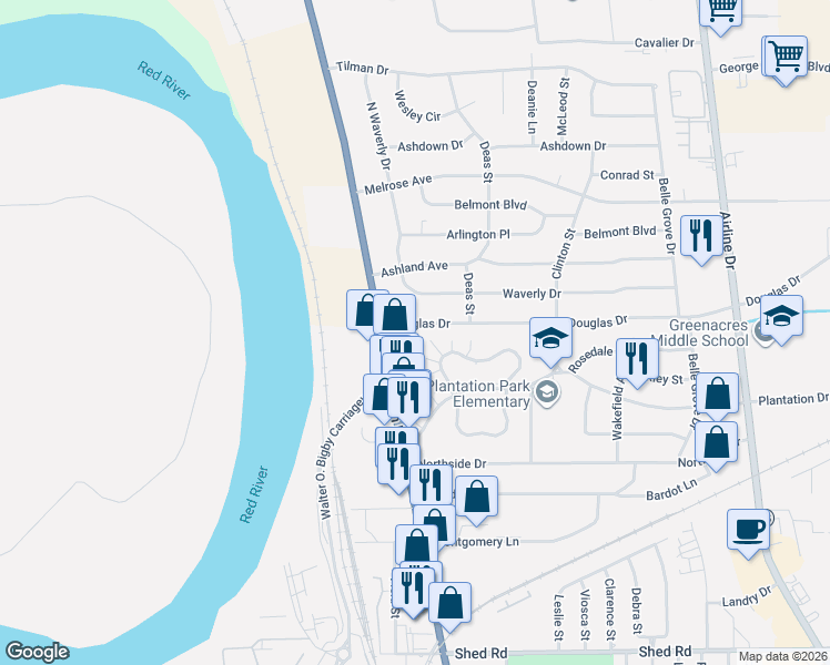map of restaurants, bars, coffee shops, grocery stores, and more near 2306 Douglas Drive in Bossier City