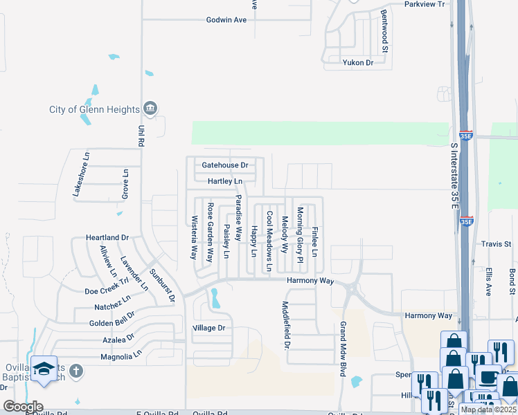 map of restaurants, bars, coffee shops, grocery stores, and more near 224 Happy Lane in Red Oak