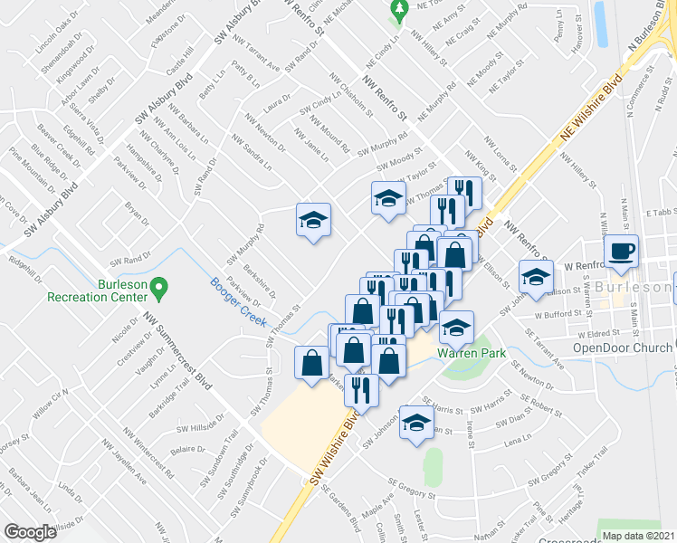 map of restaurants, bars, coffee shops, grocery stores, and more near 327 Southwest Thomas Street in Burleson