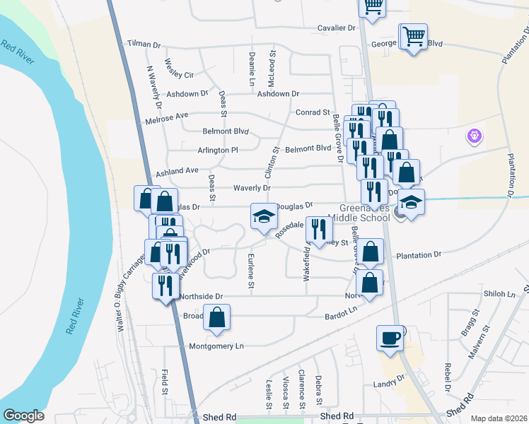 map of restaurants, bars, coffee shops, grocery stores, and more near 2208 Clinton Street in Bossier City