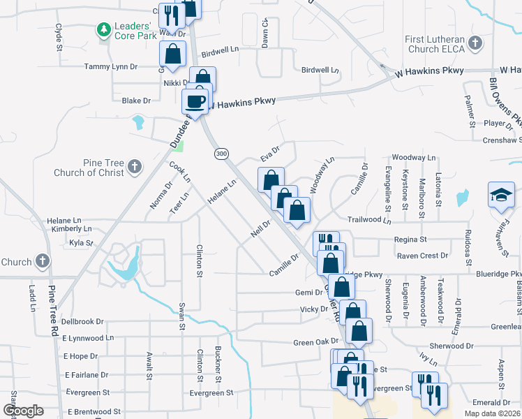 map of restaurants, bars, coffee shops, grocery stores, and more near 3105 Gilmer Road in Longview