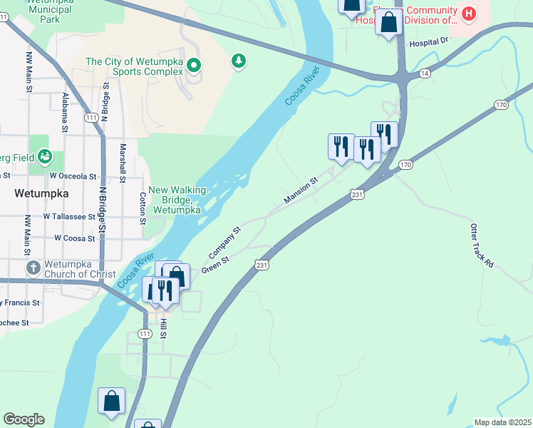 map of restaurants, bars, coffee shops, grocery stores, and more near 419-599 Company Street in Wetumpka