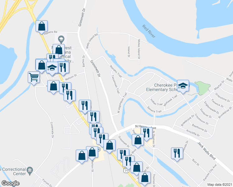 map of restaurants, bars, coffee shops, grocery stores, and more near 706 Tecumseh Trail in Shreveport