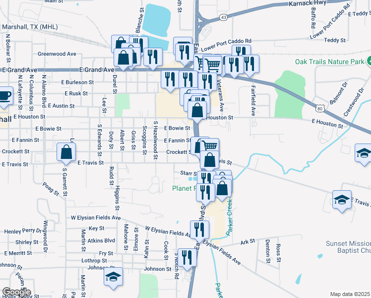 map of restaurants, bars, coffee shops, grocery stores, and more near 1608 East Crockett Street in Marshall