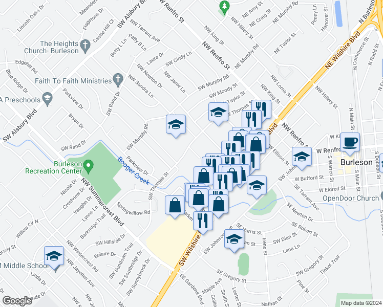map of restaurants, bars, coffee shops, grocery stores, and more near 327 Southwest Thomas Street in Burleson