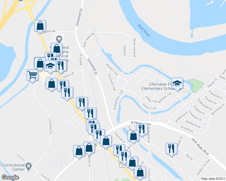 map of restaurants, bars, coffee shops, grocery stores, and more near 717 Tecumseh Trail in Shreveport