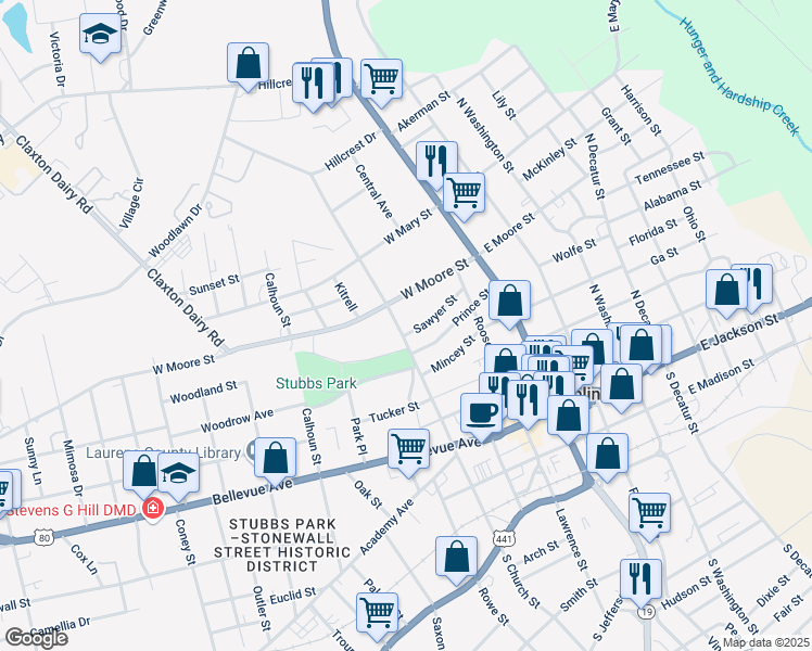 map of restaurants, bars, coffee shops, grocery stores, and more near 604 North Church Street in Dublin