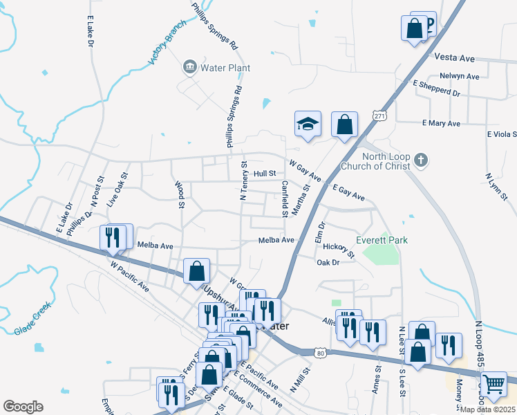 map of restaurants, bars, coffee shops, grocery stores, and more near 210 West Maple Avenue in Gladewater