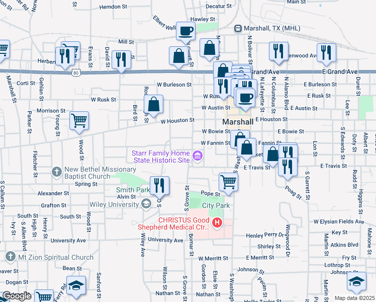 map of restaurants, bars, coffee shops, grocery stores, and more near 403 South Grove Street in Marshall