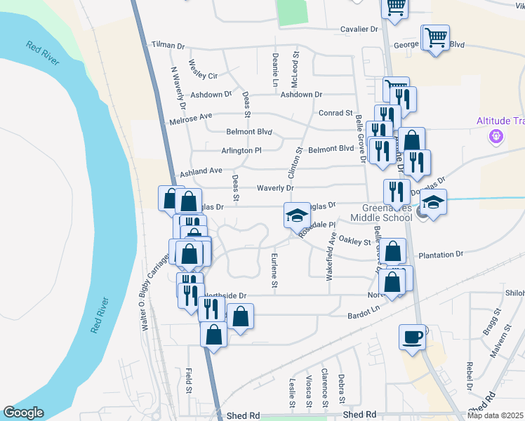 map of restaurants, bars, coffee shops, grocery stores, and more near 2412 Douglas Drive in Bossier City