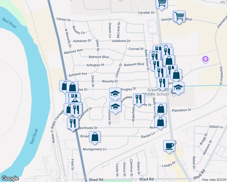 map of restaurants, bars, coffee shops, grocery stores, and more near 2208 Clinton Street in Bossier City