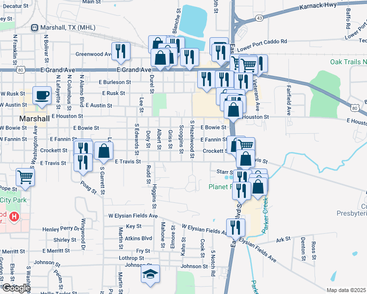map of restaurants, bars, coffee shops, grocery stores, and more near 1401 East Crockett Street in Marshall
