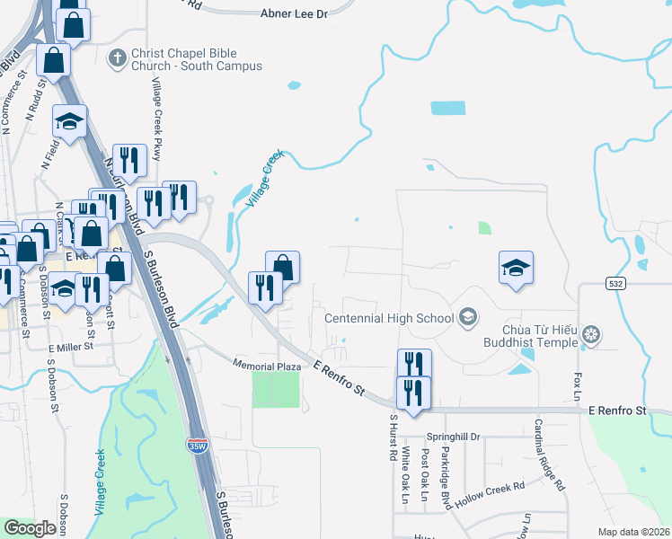 map of restaurants, bars, coffee shops, grocery stores, and more near 708 Wyche Court in Burleson