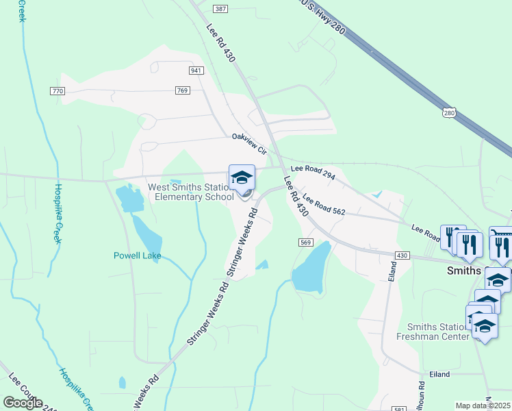 map of restaurants, bars, coffee shops, grocery stores, and more near 150 Lee County Road 295 in Smiths Station