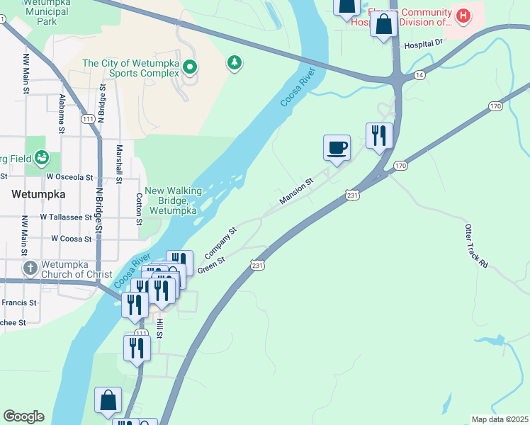 map of restaurants, bars, coffee shops, grocery stores, and more near 610 Company Street in Wetumpka