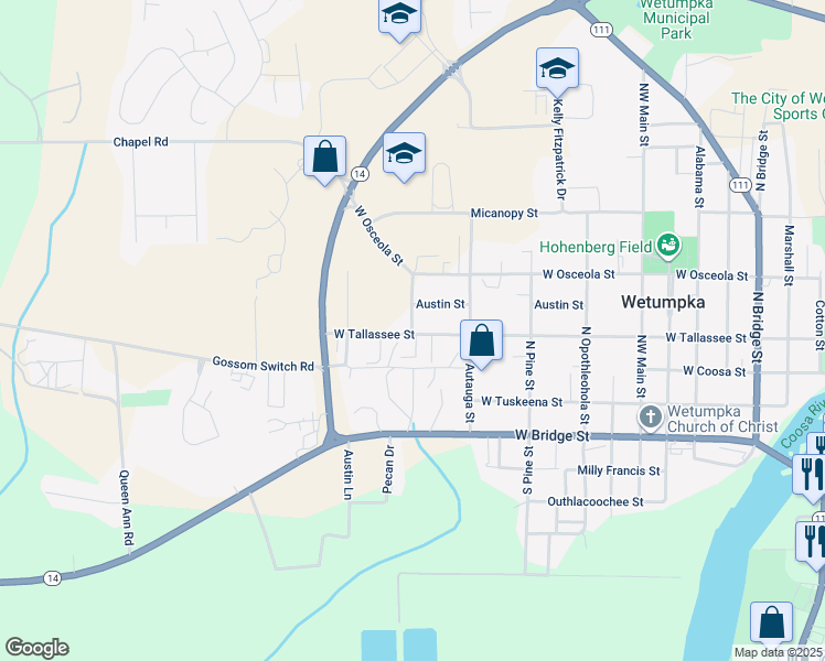 map of restaurants, bars, coffee shops, grocery stores, and more near 1061 West Tallassee Street in Wetumpka