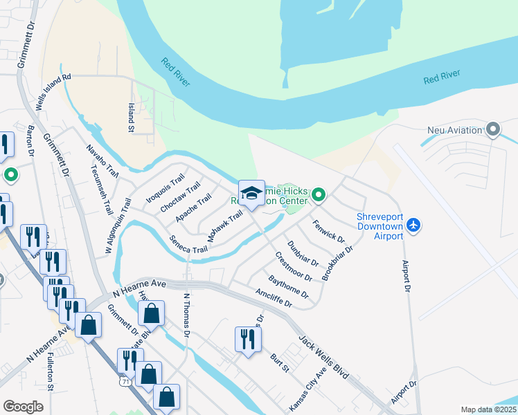 map of restaurants, bars, coffee shops, grocery stores, and more near 2010 East Algonquin Trail in Shreveport