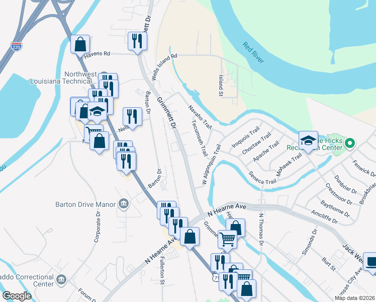 map of restaurants, bars, coffee shops, grocery stores, and more near 2000 Grimmett Drive in Shreveport