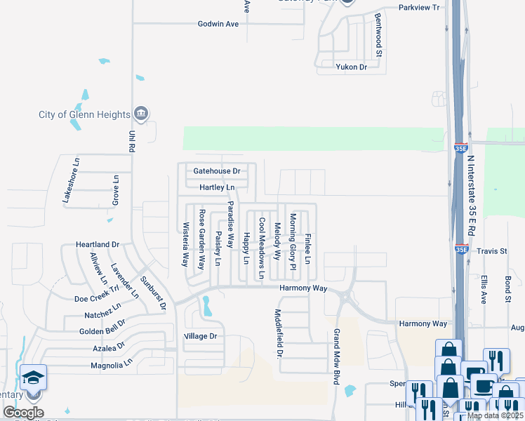 map of restaurants, bars, coffee shops, grocery stores, and more near Galloping Hill Road in Red Oak