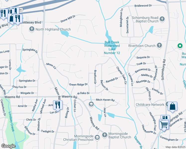 map of restaurants, bars, coffee shops, grocery stores, and more near 6641 Bradford Drive in Columbus