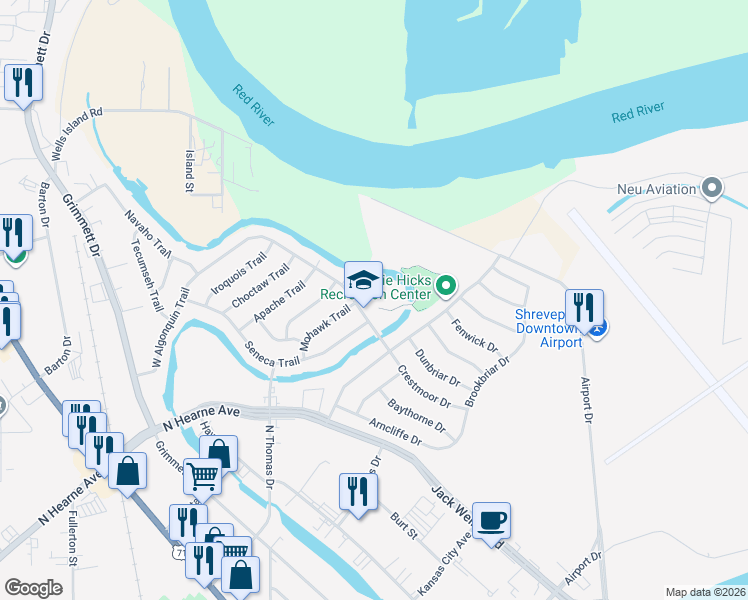 map of restaurants, bars, coffee shops, grocery stores, and more near 2010 East Algonquin Trail in Shreveport