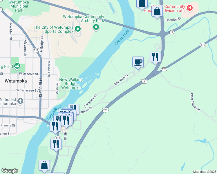 map of restaurants, bars, coffee shops, grocery stores, and more near 610 Company Street in Wetumpka