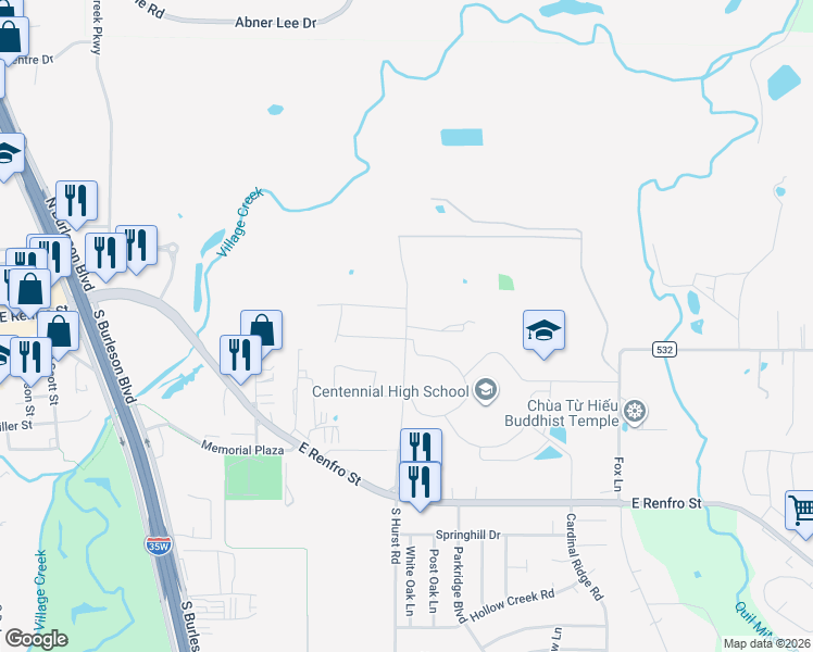 map of restaurants, bars, coffee shops, grocery stores, and more near 199 North Hurst Road in Burleson