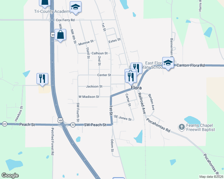 map of restaurants, bars, coffee shops, grocery stores, and more near 4863 East Main Street in Flora