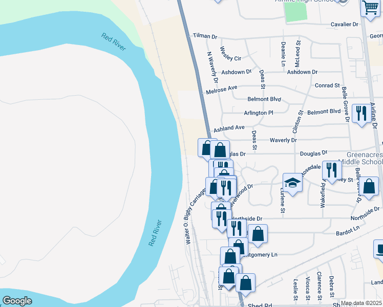 map of restaurants, bars, coffee shops, grocery stores, and more near 2100 Douglas Drive in Bossier City