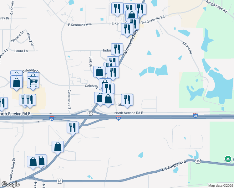 map of restaurants, bars, coffee shops, grocery stores, and more near 1411 Campbell Street in Ruston