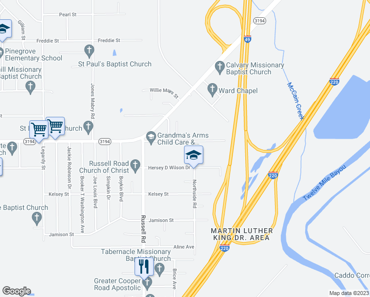 map of restaurants, bars, coffee shops, grocery stores, and more near 1950 Northside Road in Shreveport